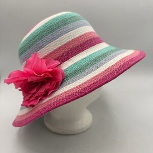 Jaclyn Smith Collection Pastel Striped Wide Brim Sun Hat with Flower – OSFM
